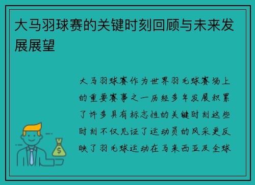 大马羽球赛的关键时刻回顾与未来发展展望