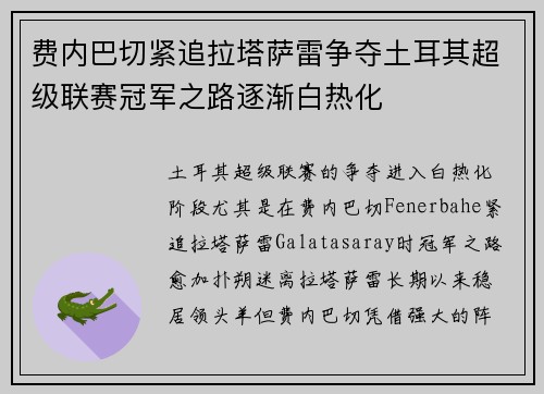 费内巴切紧追拉塔萨雷争夺土耳其超级联赛冠军之路逐渐白热化 费内巴切紧追拉塔萨雷争夺土耳其超级联赛冠军之路逐渐白热化